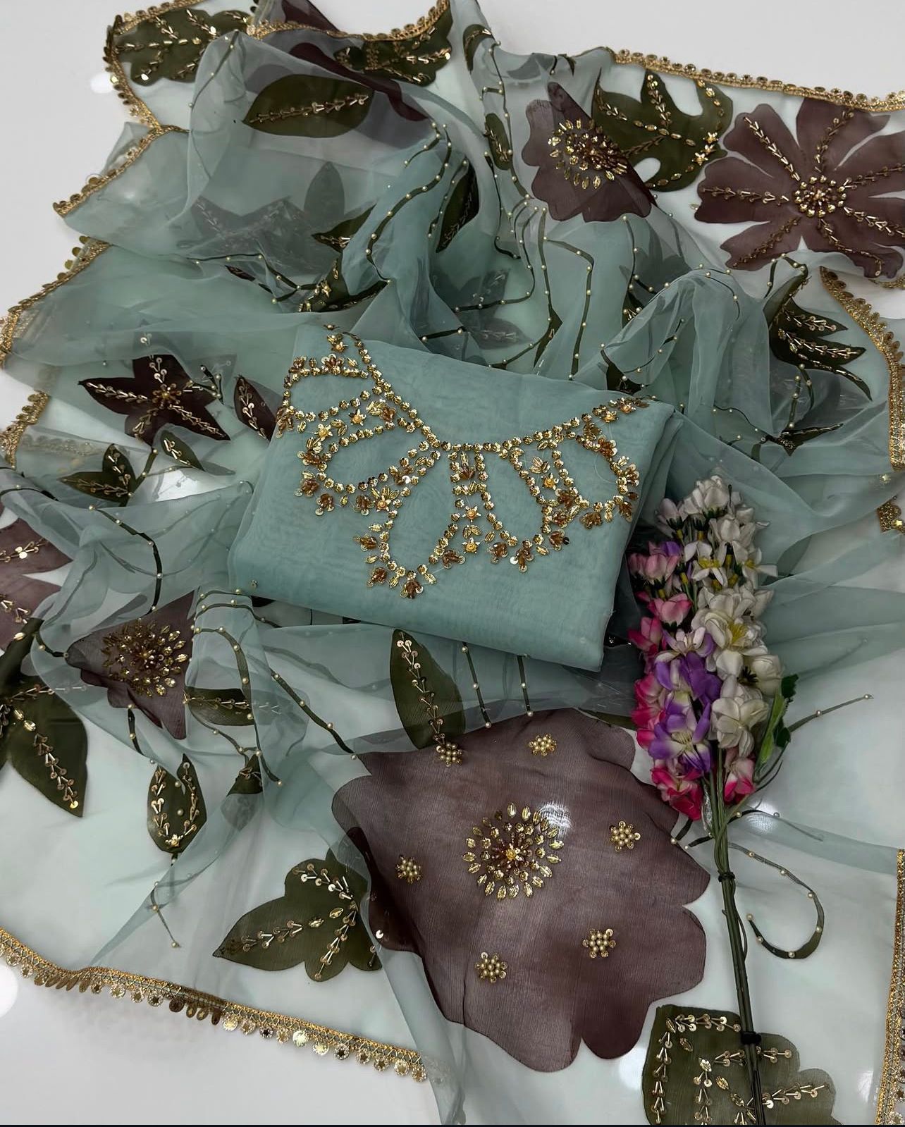 Unstitched Handwork Organza zari beads 2 pc